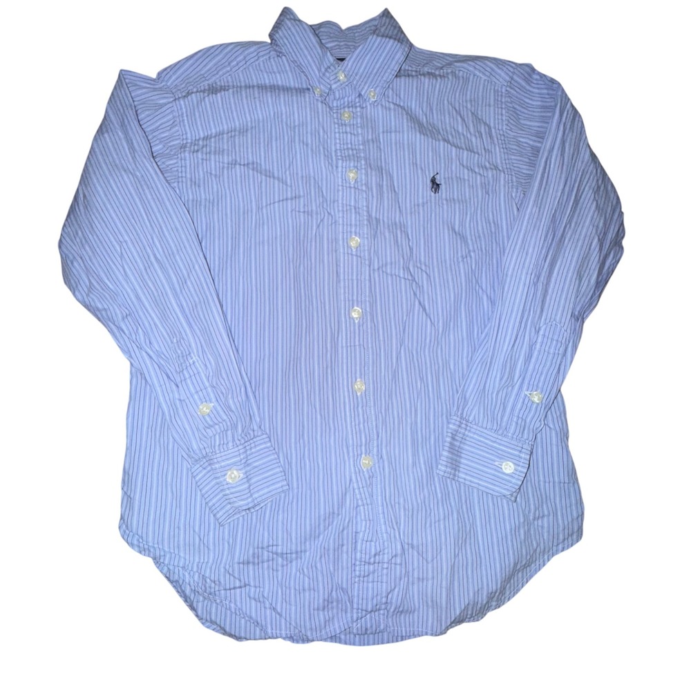 Ralph Lauren Button Down Shirt Size M 10-12 Blue‎ White Striped Preppy Classic